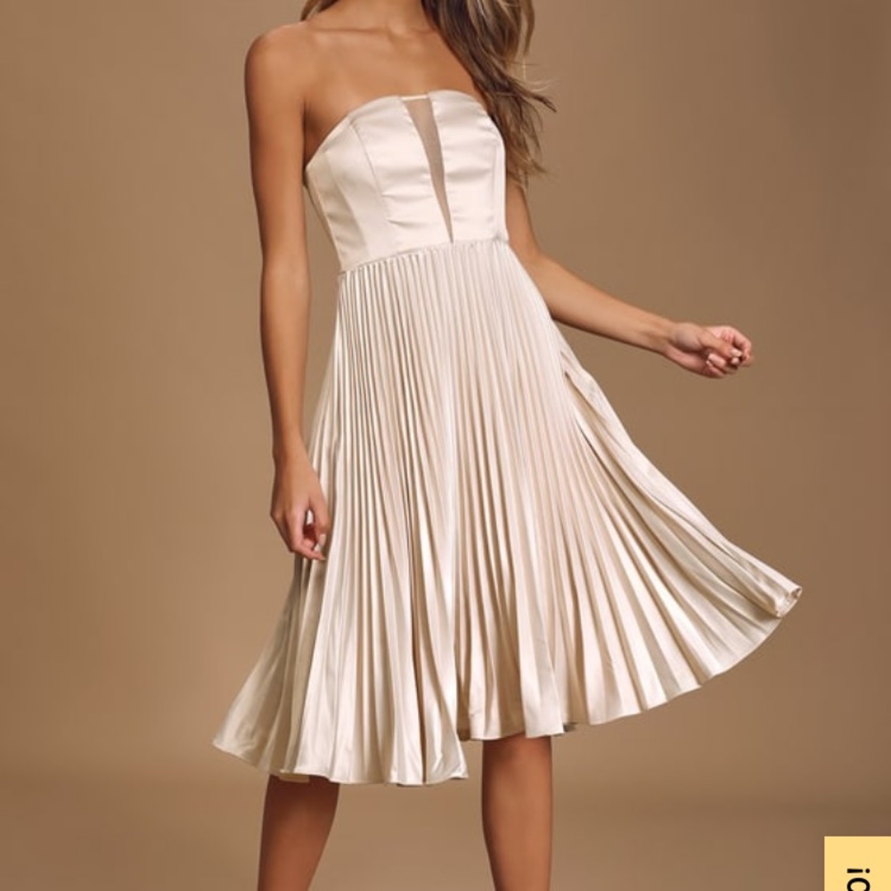 Champagne Strapless Pleated Midi Dress
